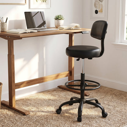 Office Drafting Chair with Back & Adjustable Footring and Wheels for Desk-Black