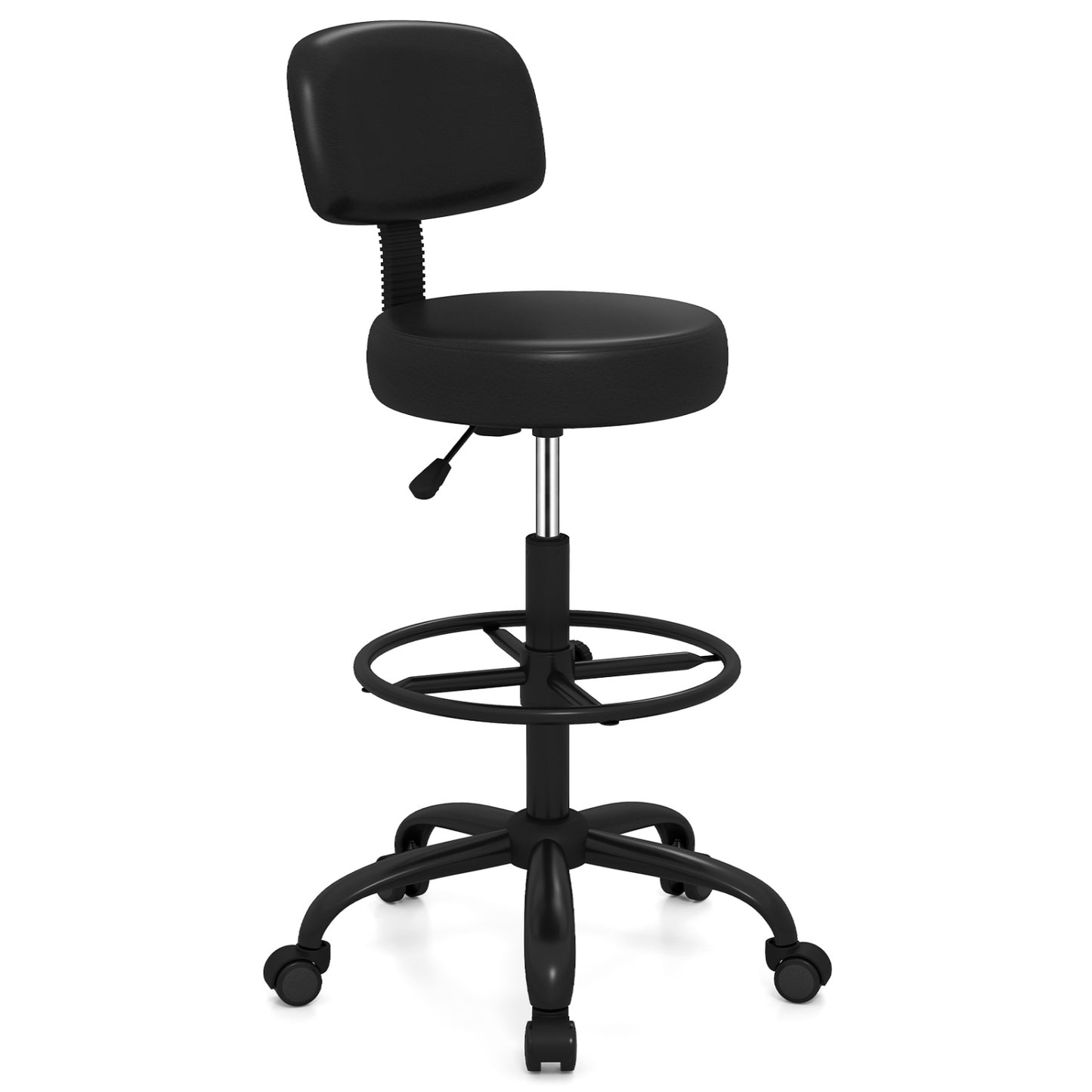 Office Drafting Chair with Back & Adjustable Footring and Wheels for Desk-Black