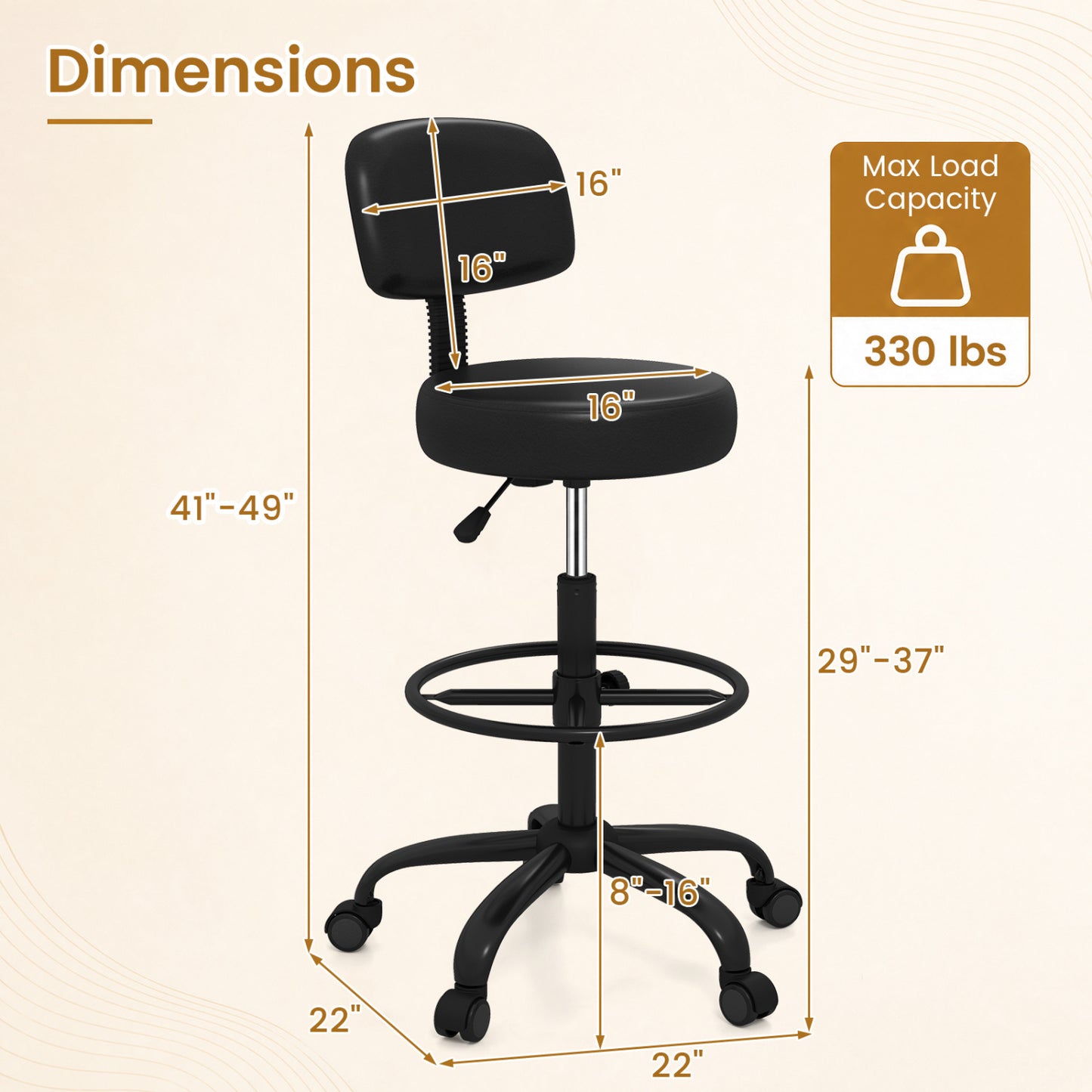Office Drafting Chair with Back & Adjustable Footring and Wheels for Desk-Black