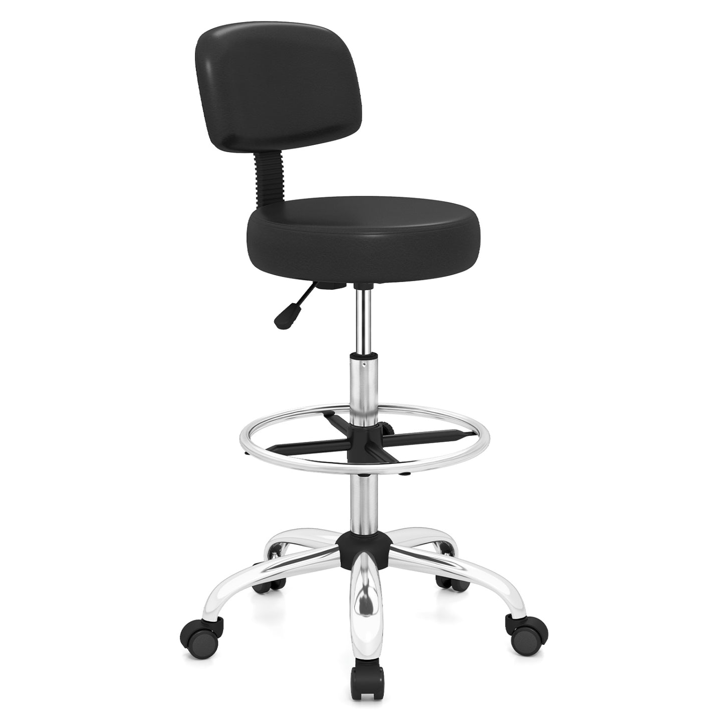 Office Drafting Chair with Back & Adjustable Footring and Wheels for Desk-Black