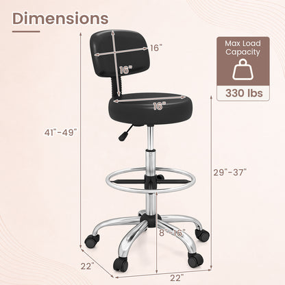 Office Drafting Chair with Back & Adjustable Footring and Wheels for Desk-Black