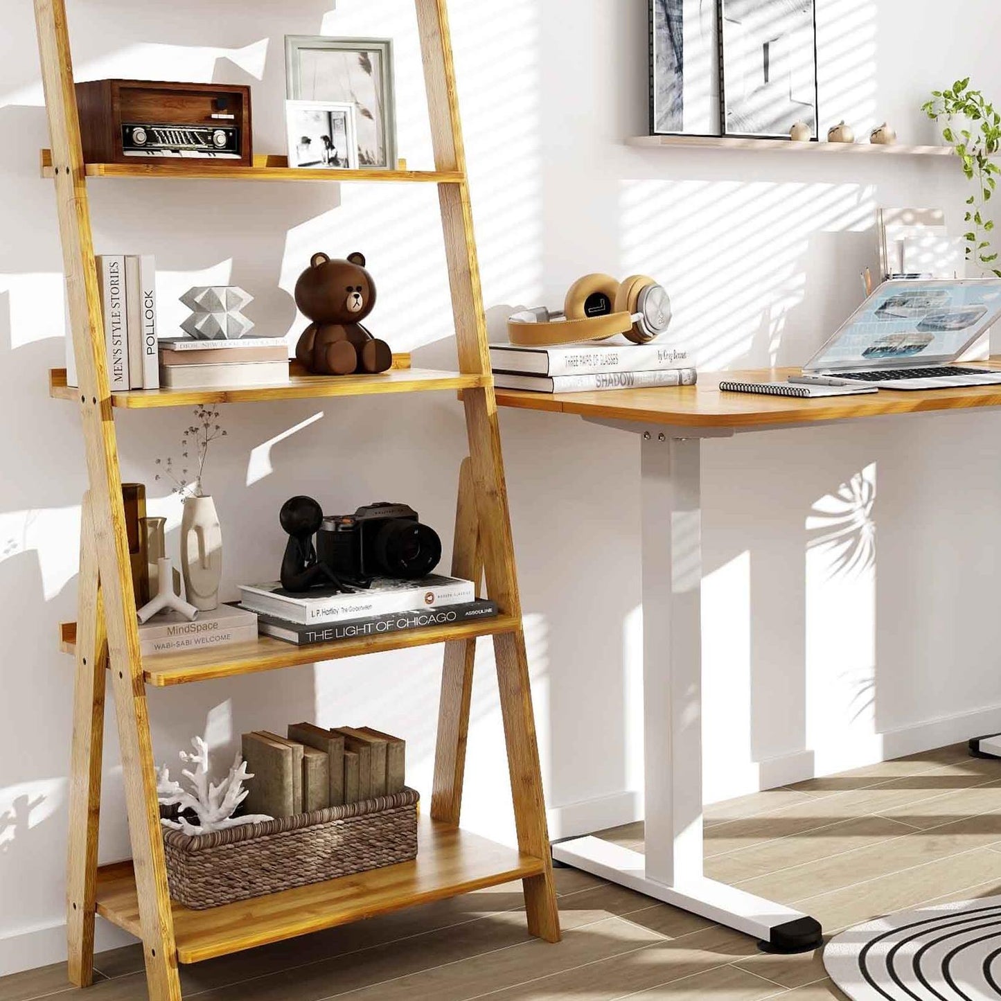 Office Set with 5-Tier Bamboo Ladder Shelf and Electric Standing Computer Desk