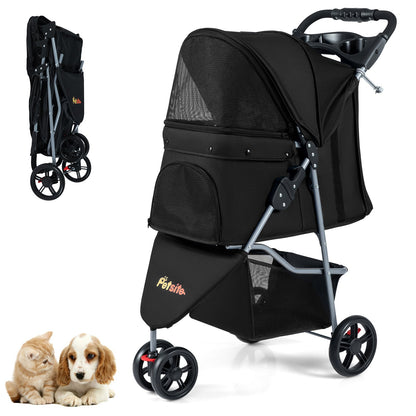 One-Click Folding Pet Stroller Lightweight Cat Strolling Cart with Adjustable Canopy-Black