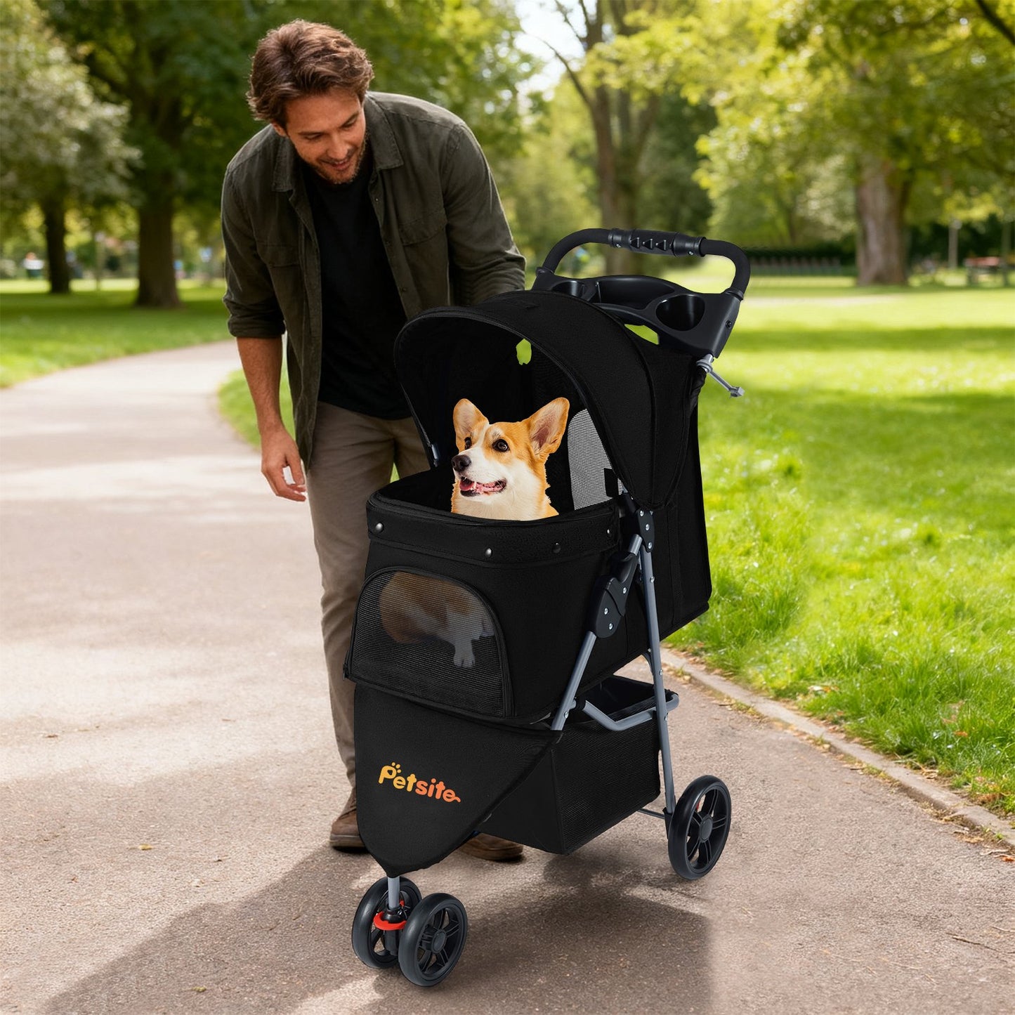 One-Click Folding Pet Stroller Lightweight Cat Strolling Cart with Adjustable Canopy-Black