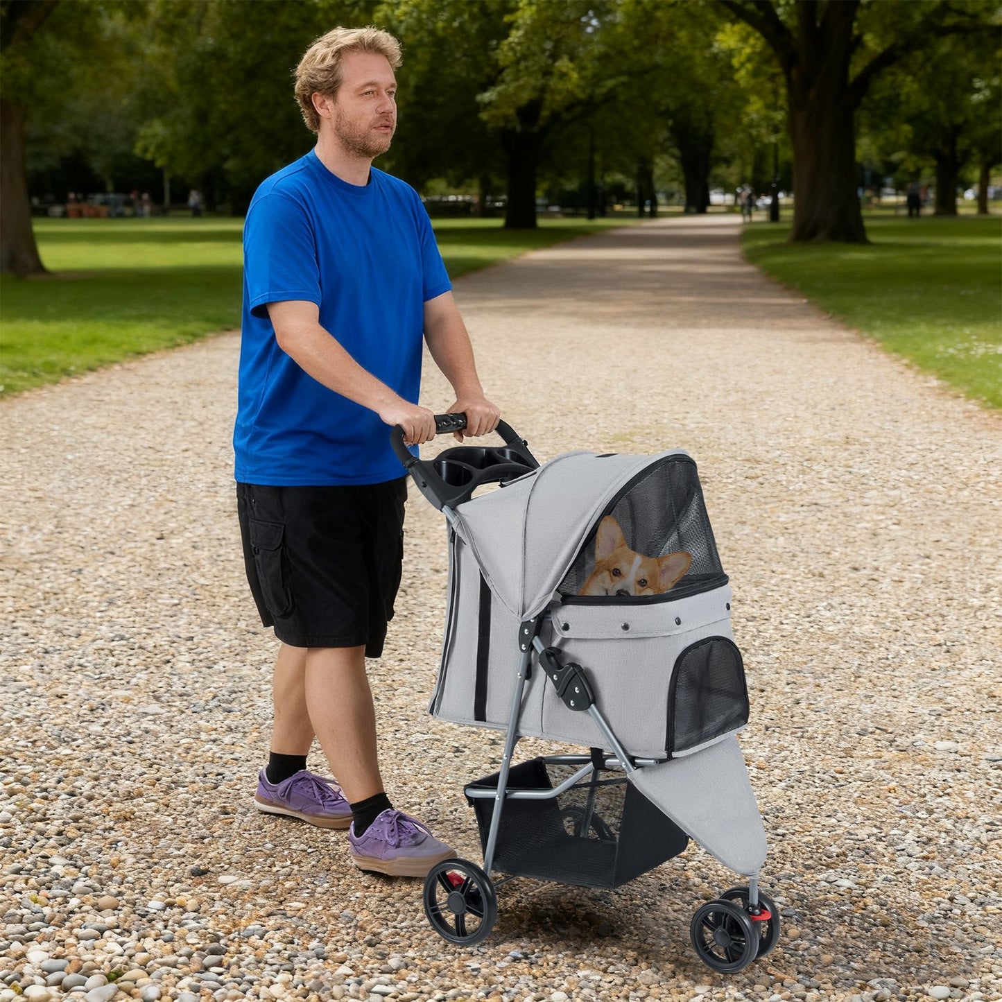 One-Click Folding Pet Stroller Lightweight Cat Strolling Cart with Adjustable Canopy-Black