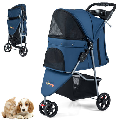 One-Click Folding Pet Stroller Lightweight Cat Strolling Cart with Adjustable Canopy-Black