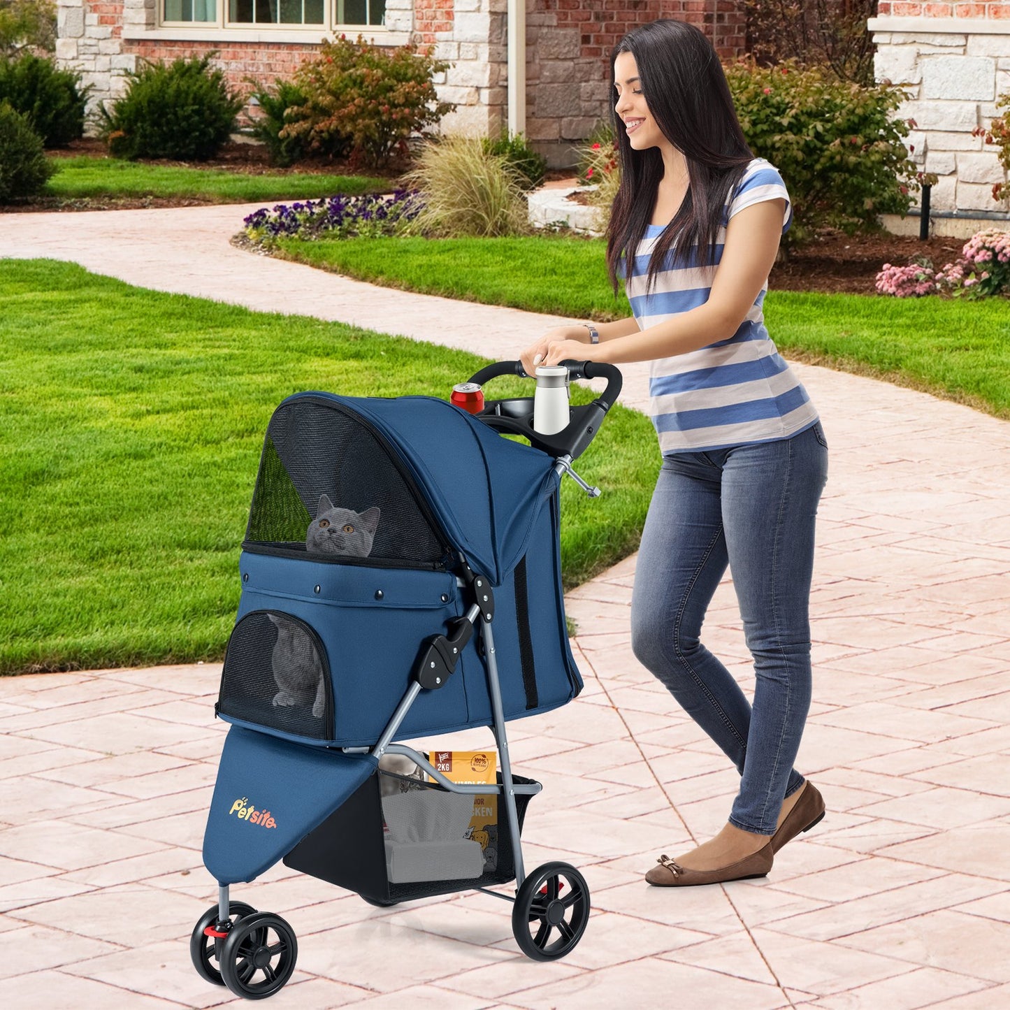 One-Click Folding Pet Stroller Lightweight Cat Strolling Cart with Adjustable Canopy-Black