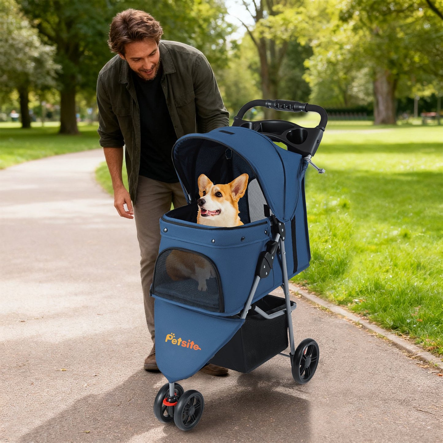 One-Click Folding Pet Stroller Lightweight Cat Strolling Cart with Adjustable Canopy-Black