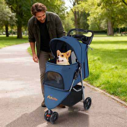 One-Click Folding Pet Stroller Lightweight Cat Strolling Cart with Adjustable Canopy-Black