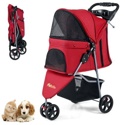One-Click Folding Pet Stroller Lightweight Cat Strolling Cart with Adjustable Canopy-Black