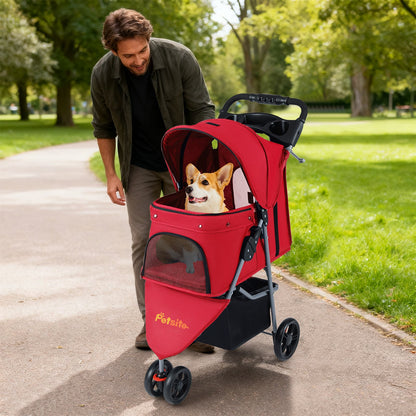 One-Click Folding Pet Stroller Lightweight Cat Strolling Cart with Adjustable Canopy-Black