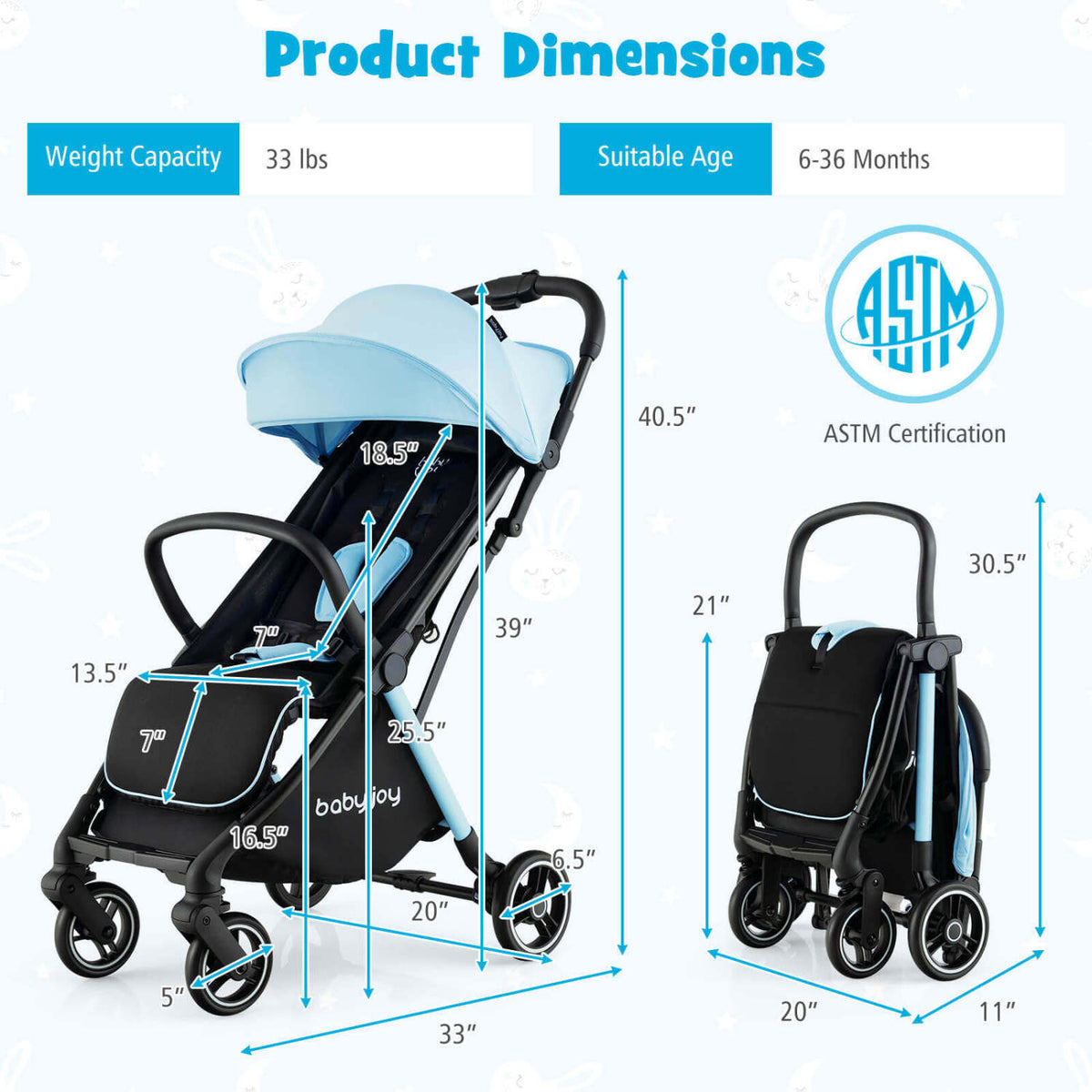 One-Hand Folding Portable Lightweight Baby Stroller with Aluminum Frame for Kids-Blue