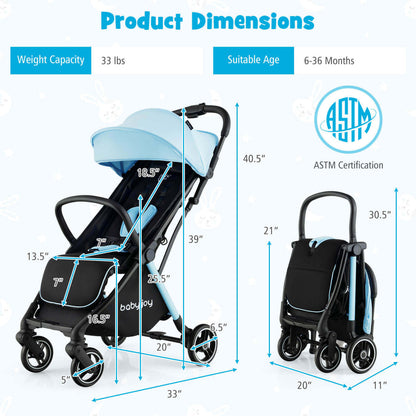 One-Hand Folding Portable Lightweight Baby Stroller with Aluminum Frame for Kids-Blue