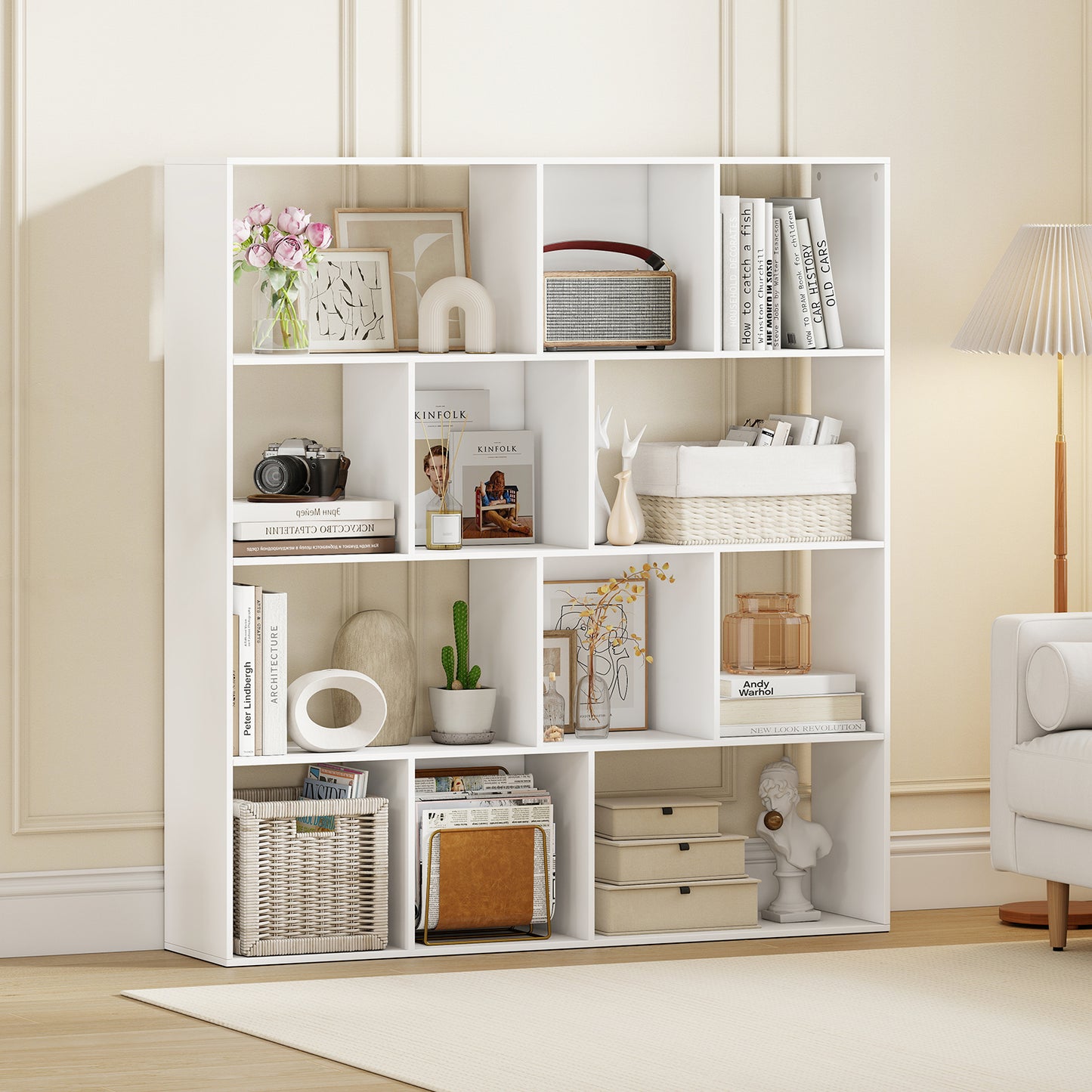 Open Shelf Bookcase 4-Tier Modern Bookshelf with 12 Storage Compartments-White