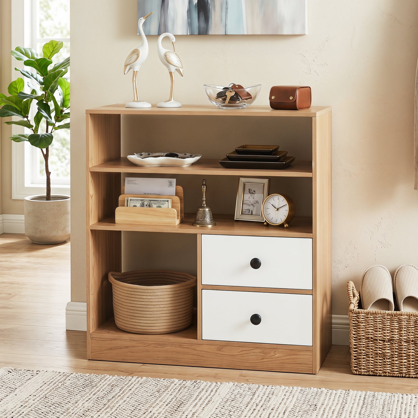 Natural open storage cabinet with 3 open compartments and 2 drawers, featuring a sleek finish for entryway organization.