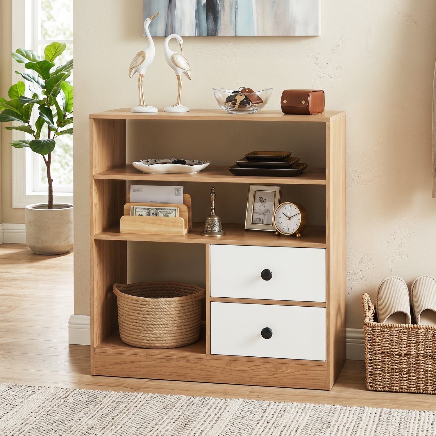 Natural open storage cabinet with 3 open compartments and 2 drawers, featuring a sleek finish for entryway organization.