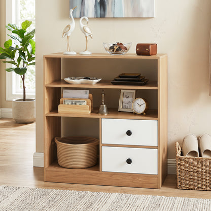 Natural open storage cabinet with 3 open compartments and 2 drawers, featuring a sleek finish for entryway organization.