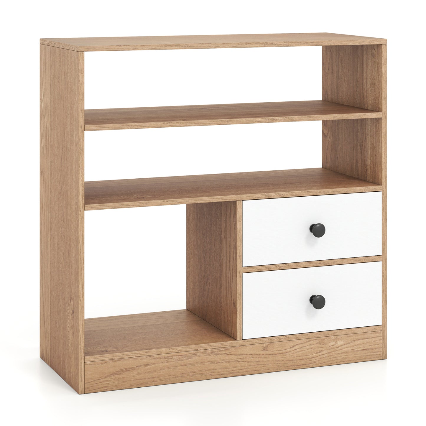 Natural open storage cabinet with 3 open compartments and 2 drawers, wood finish, ideal for entryway organization.