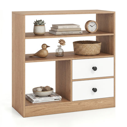 Natural wood open storage cabinet with 3 open compartments and 2 drawers, ideal for entryway or living room organization.