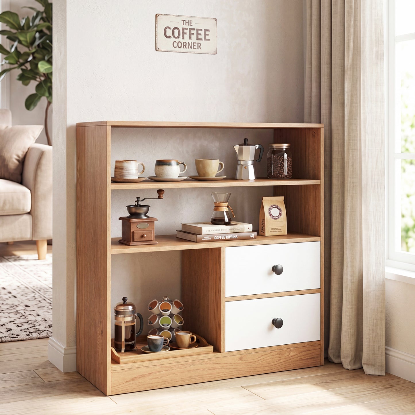 Natural open storage cabinet with 3 open compartments and 2 drawers, featuring a sleek design ideal for entryway organization.
