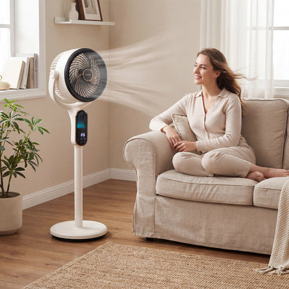 White oscillating pedestal fan with 8 speeds, remote control, and 12-hour timer, designed for home climate control.