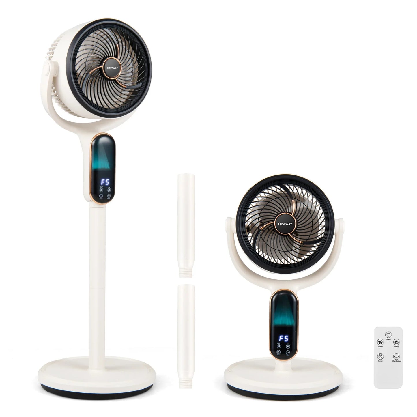 White oscillating pedestal fan with 8 speeds, remote control, and 12-hour timer, designed for home climate control.