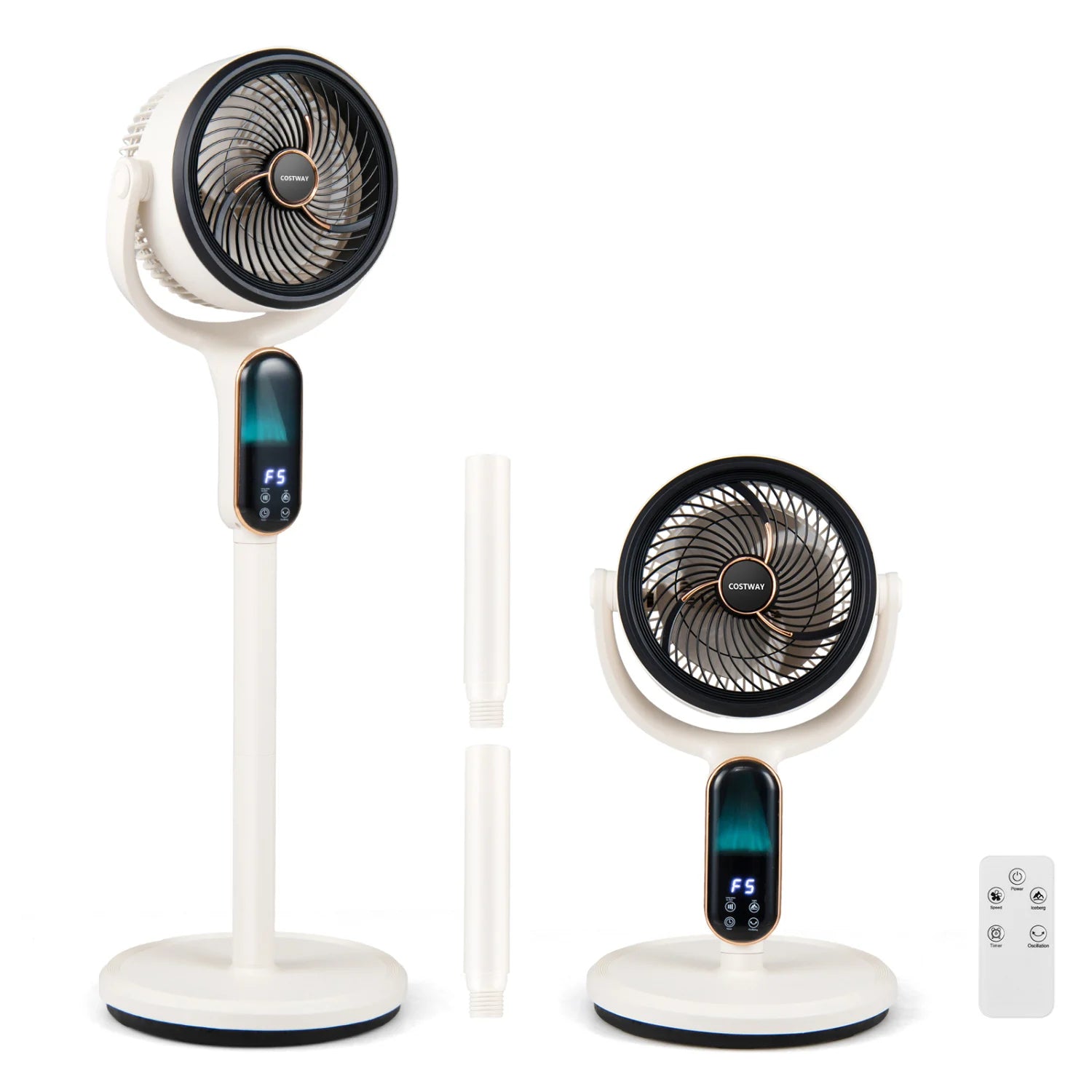 White oscillating pedestal fan with 8 speeds, remote control, and 12-hour timer, designed for home climate control.