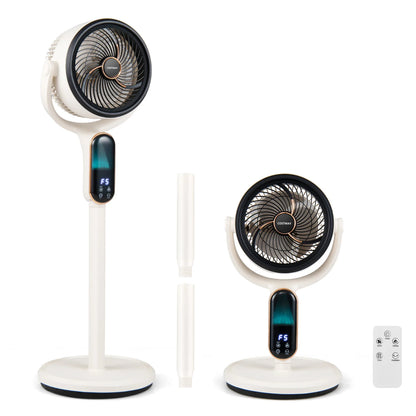 White oscillating pedestal fan with 8 speeds, remote control, and 12-hour timer, designed for home climate control.
