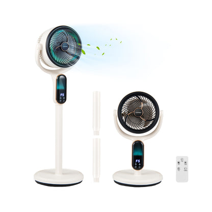 White oscillating pedestal fan with 8 speeds, remote control, and 12-hour timer for adjustable cooling and airflow.