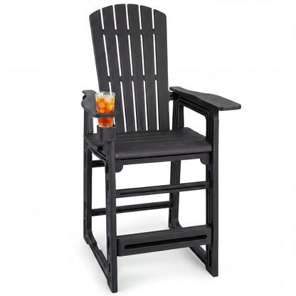 Black outdoor 29-inch height bar stool with backrest and armrests, designed for patio and outdoor bar seating.