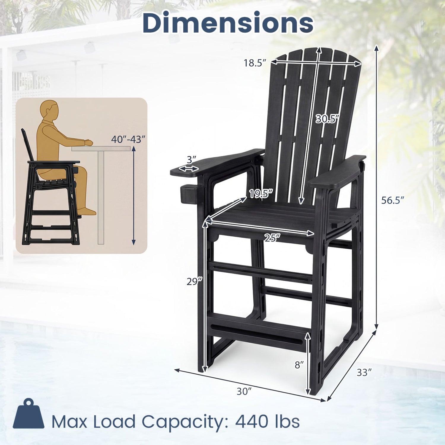 Black outdoor 29-inch bar stool with backrest and armrests, suitable for patio and outdoor bar seating.