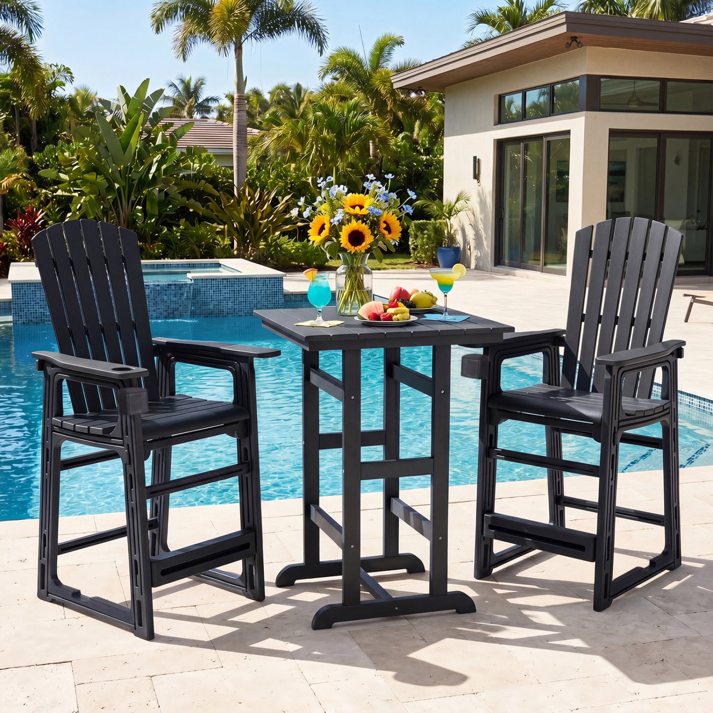 Black outdoor 29-inch bar stool with backrest and armrests, perfect for patio outdoor and patio bar furniture.