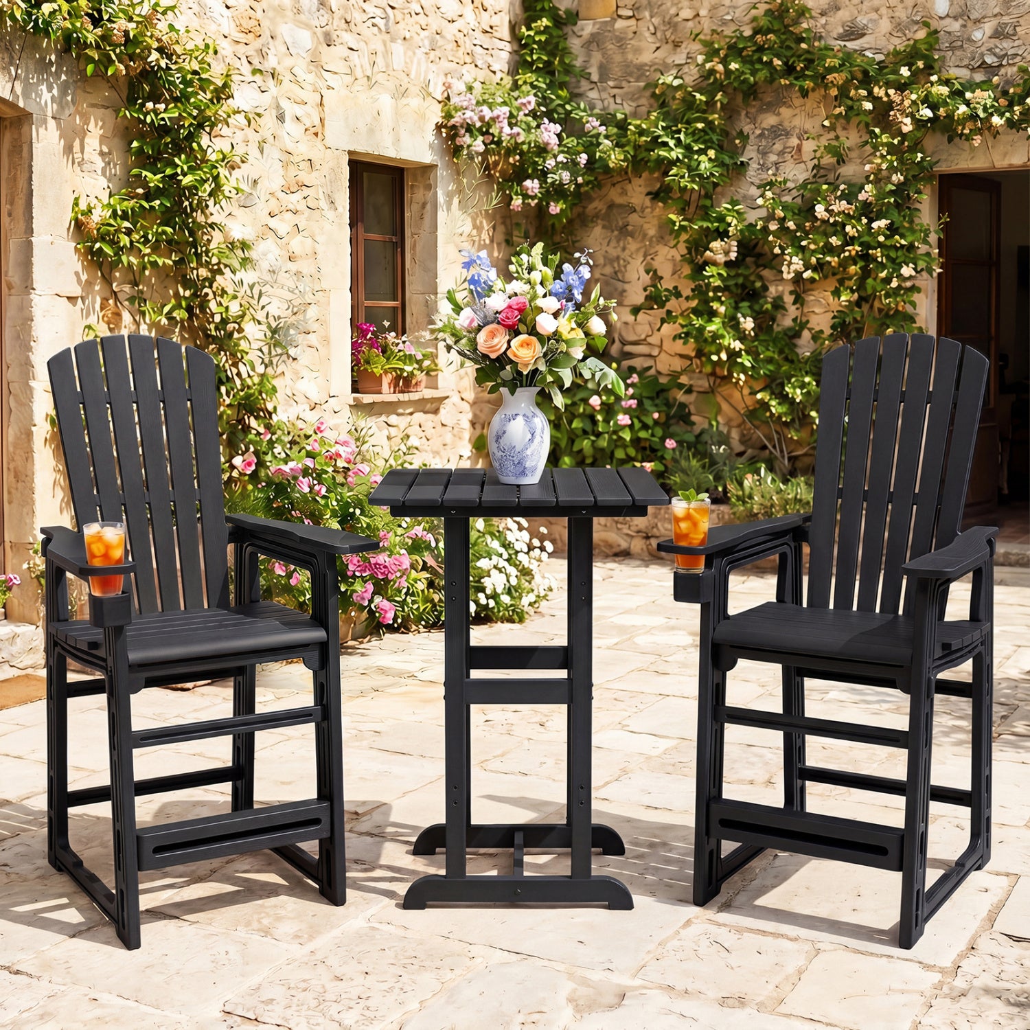 Black 29-inch outdoor bar stool with backrest and armrests, made for patio bar furniture, by Wilsons Home Store.