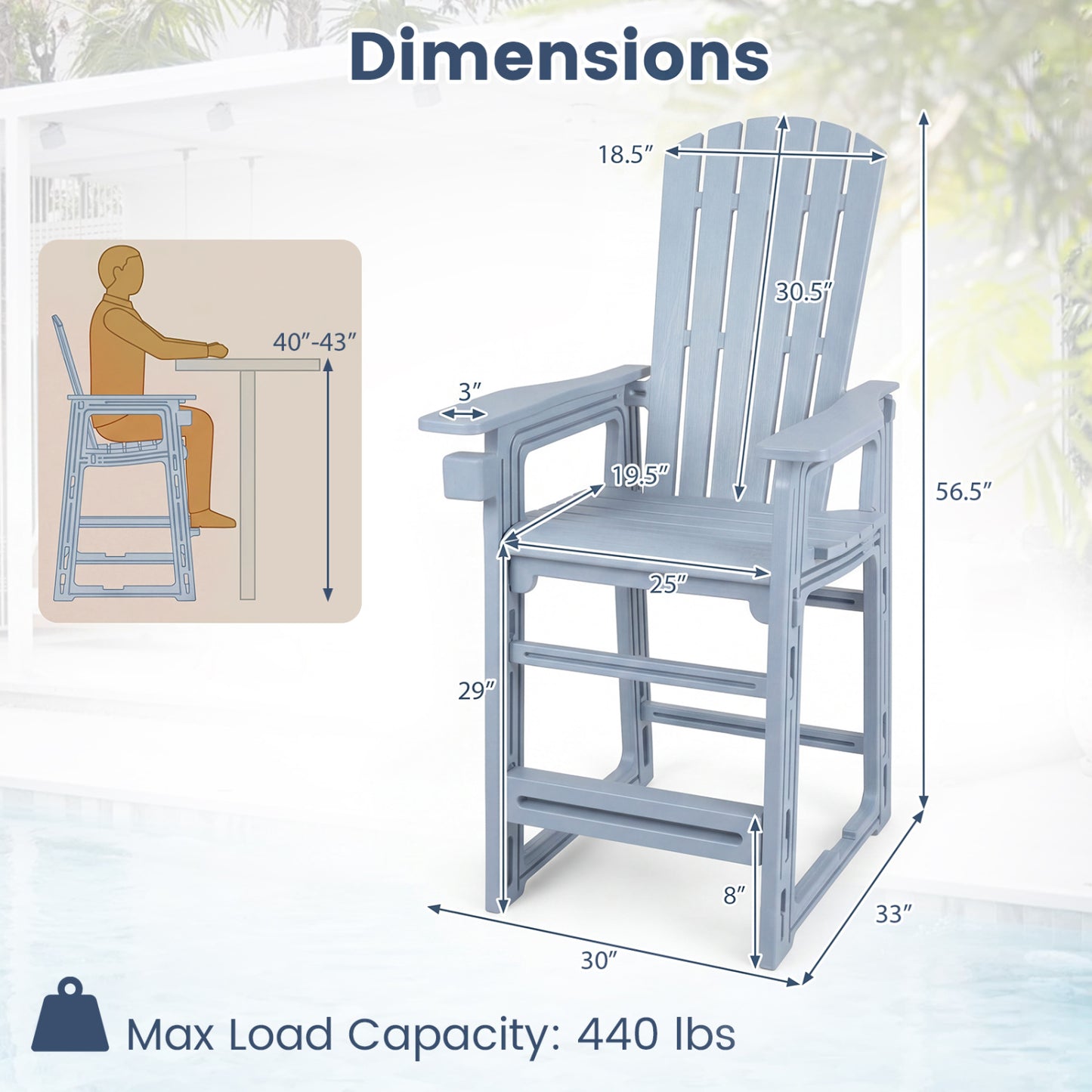 Black outdoor 29-inch height bar stool with backrest and armrests, suitable for patio bar furniture.