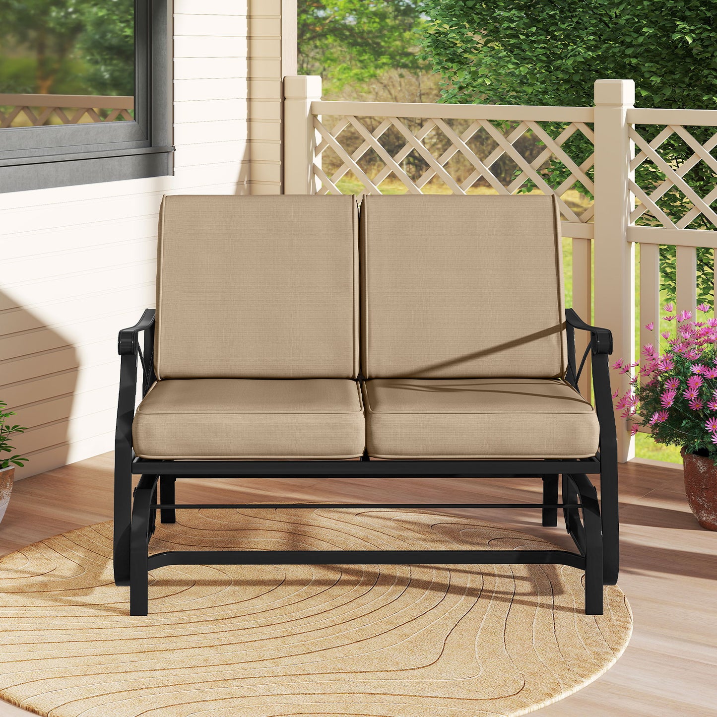Outdoor 2-Person Glider Rocking Chair Loveseat with Thick Cushions and Metal Frame-Brown