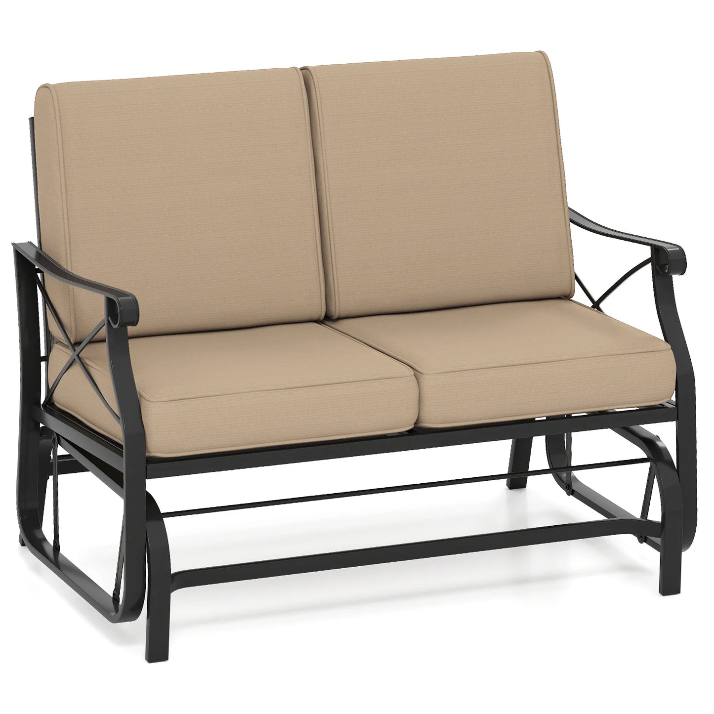 Outdoor 2-Person Glider Rocking Chair Loveseat with Thick Cushions and Metal Frame-Brown