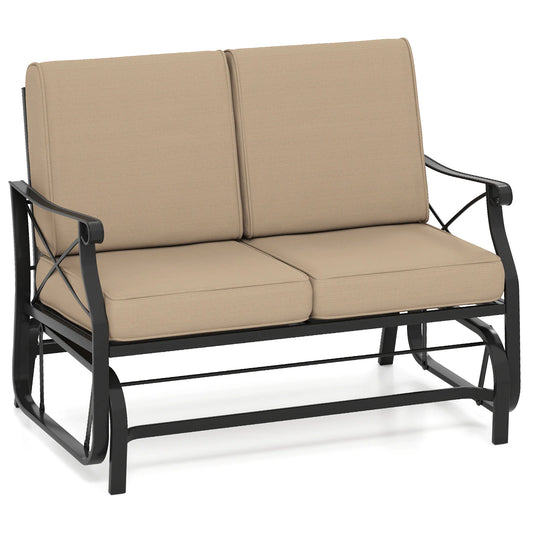 Outdoor 2-Person Glider Rocking Chair Loveseat with Thick Cushions and Metal Frame-Brown