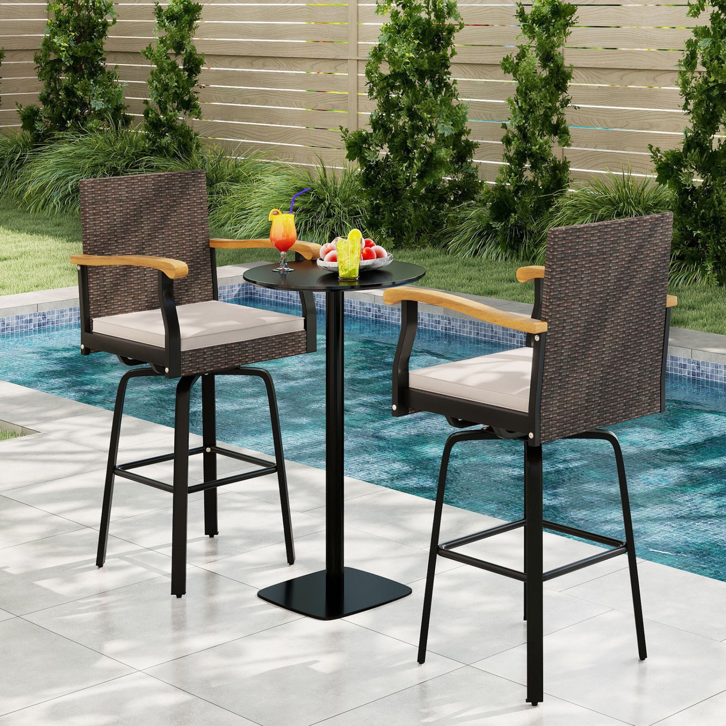 Outdoor 360° Swivel Bar Stool with Cushion and Acacia Wood Armrests-F-Brown