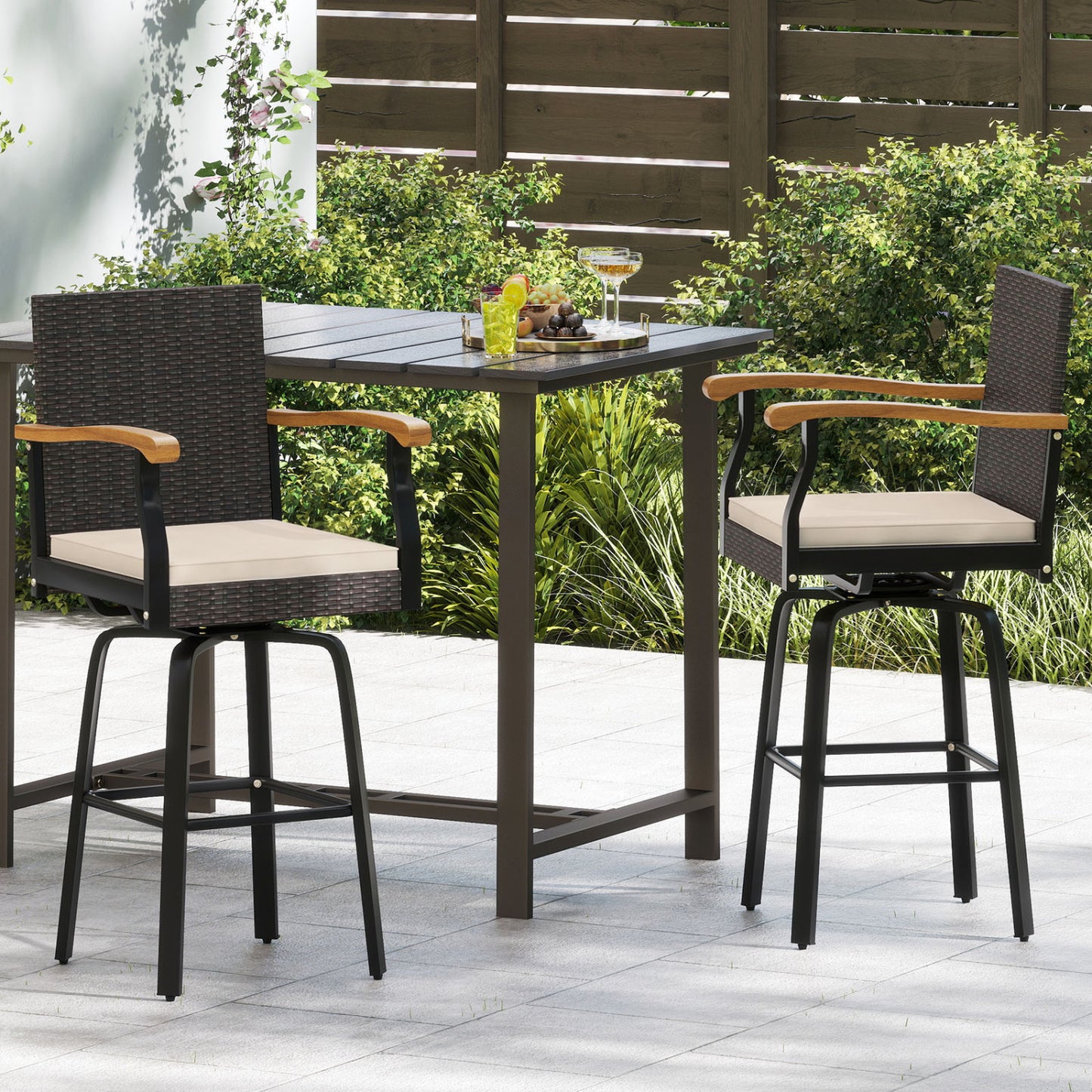 Outdoor 360° Swivel Bar Stool with Cushion and Acacia Wood Armrests-F-Brown