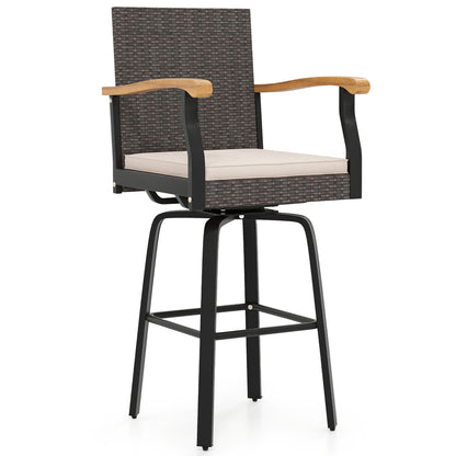 Outdoor 360° Swivel Bar Stool with Cushion and Acacia Wood Armrests-F-Brown