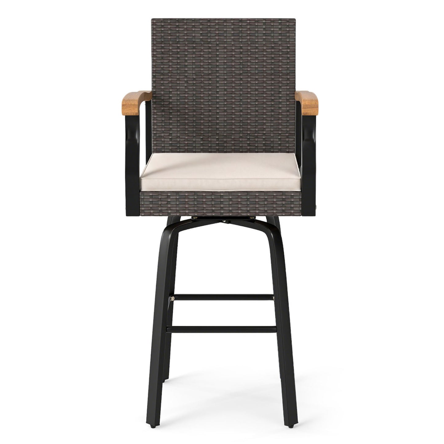Outdoor 360° Swivel Bar Stool with Cushion and Acacia Wood Armrests-F-Brown