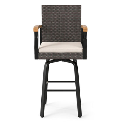 Outdoor 360° Swivel Bar Stool with Cushion and Acacia Wood Armrests-F-Brown