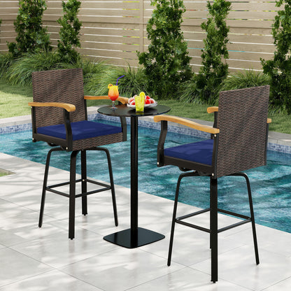 Outdoor 360° Swivel Bar Stool with Cushion and Acacia Wood Armrests-F-Brown