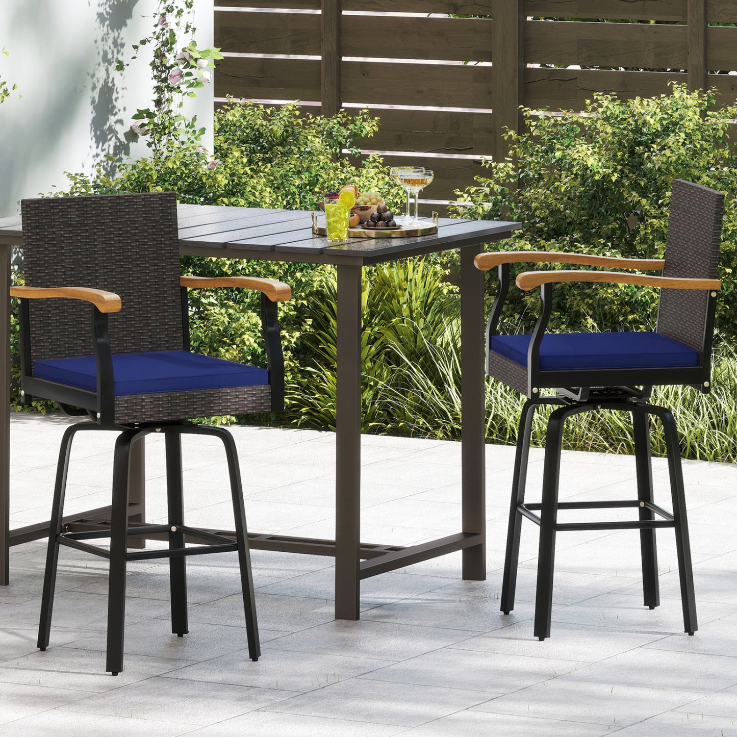 Outdoor 360° Swivel Bar Stool with Cushion and Acacia Wood Armrests-F-Brown