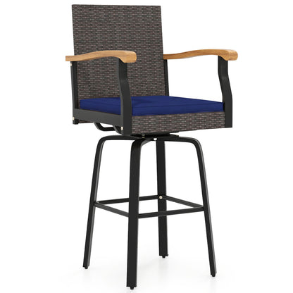 Outdoor 360° Swivel Bar Stool with Cushion and Acacia Wood Armrests-F-Brown