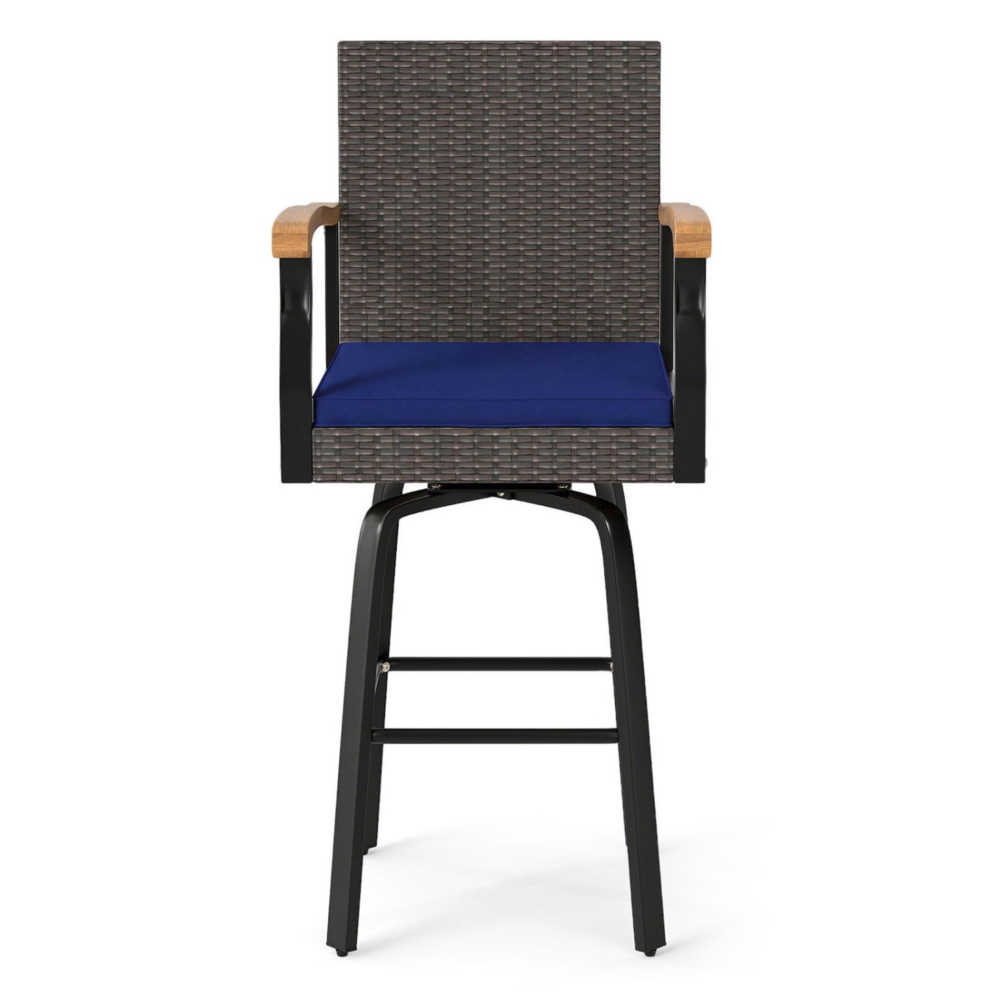 Outdoor 360° Swivel Bar Stool with Cushion and Acacia Wood Armrests-F-Brown