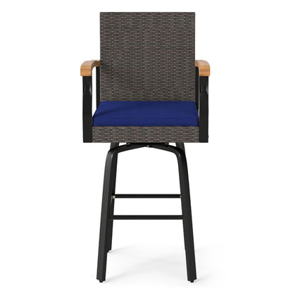 Outdoor 360° Swivel Bar Stool with Cushion and Acacia Wood Armrests-F-Brown