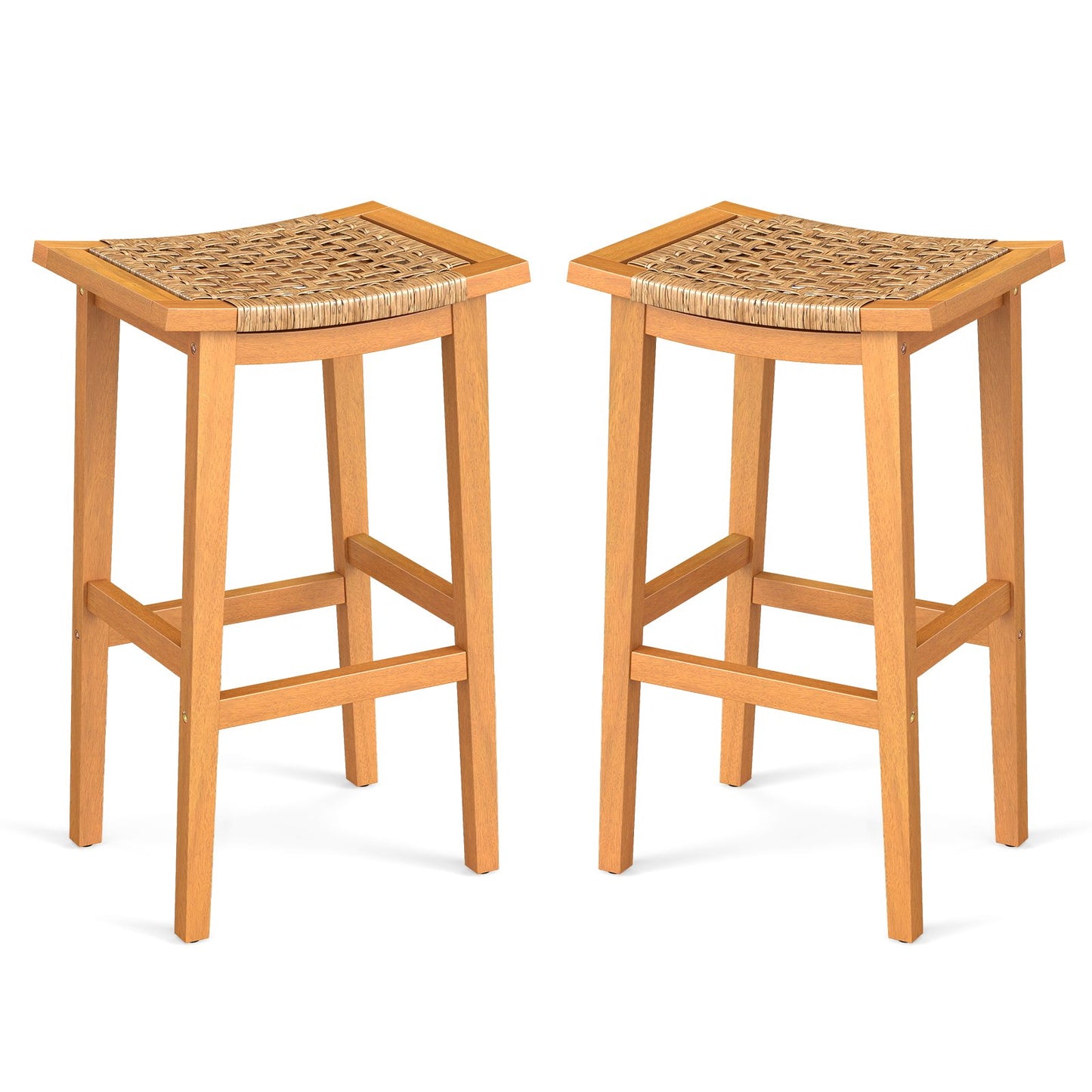 Outdoor Acacia Wood Bar Stools Set of 2 with PE Rattan Seats and Backrests