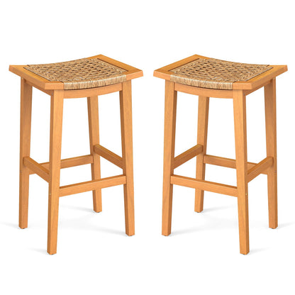 Outdoor Acacia Wood Bar Stools Set of 2 with PE Rattan Seats and Backrests