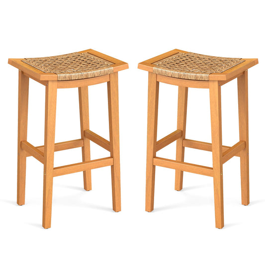 Outdoor Acacia Wood Bar Stools Set of 2 with PE Rattan Seats and Backrests